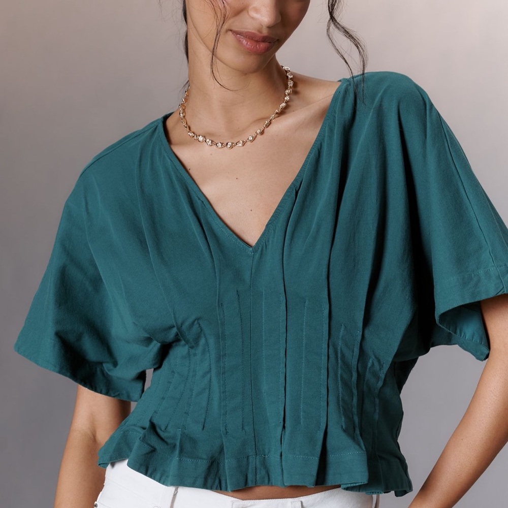 Anthropologie Teal Pleated V-Neck Blouse